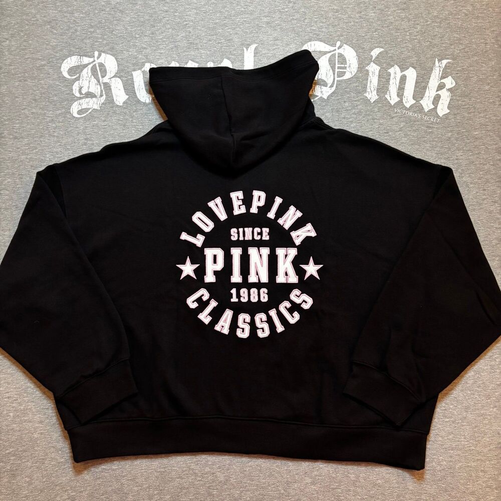 NWT VS PINK Black Love Pink Classics 1986 Logo Ivy Fleece Hoodie & Sweats XXL - Picture 2 of 12